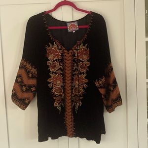 Johnny Was Black Velvet embroidered peasant top size L